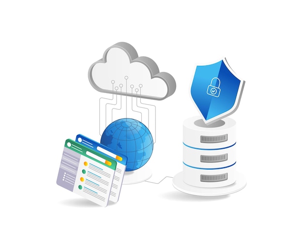 Concepto de computación en la nube Servidor de almacenamiento en la nube del centro de datos y escudo Ilustración vectorial aislada