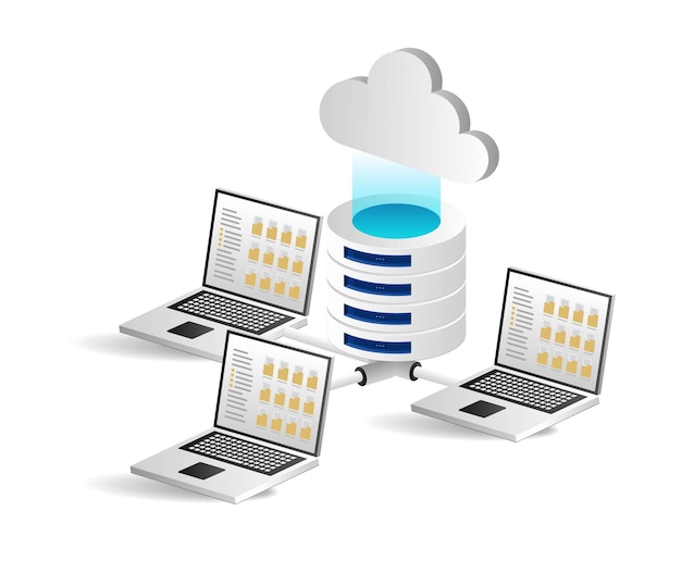 Concepto de computación en nube con servidores e icono de nube sobre ilustración de vector de fondo blanco