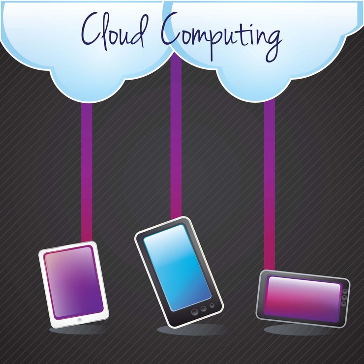 Vector concepto de computación en nube con tableta smartphone en fondo oscuro