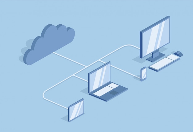 Concepto de computación en la nube. Tecnologías de la información. Computadora de escritorio, computadora portátil y dispositivos móviles sincronizados en la nube. Ilustración isométrica, sobre fondo azul.