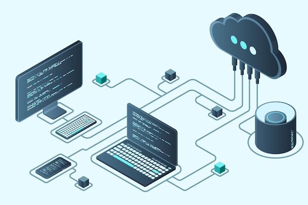 Concepto de computación de tecnología de nube Tecnología de nube moderna Concepto isométrico de centro de datos Tecnología de nube isométrica con concepto de alojamiento web de centro de datos Ilustración vectorial