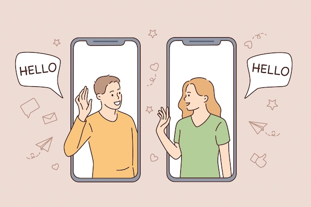Concepto de comunicación, chat y tecnologías en línea. Gente joven mujer y hombre mirándose desde la pantalla del teléfono inteligente saludando sintiéndose alegre ilustración vectorial