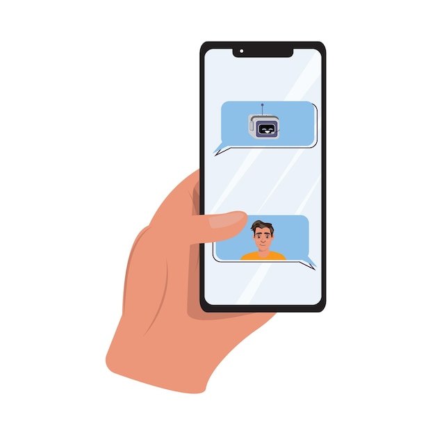 Concepto de comunicación digital con burbujas de chat humanas y robóticas en la pantalla del teléfono sostenida por la mano humana