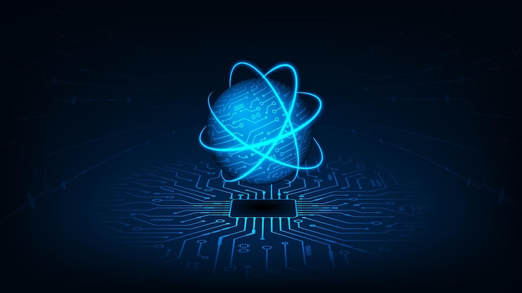 Vector concepto de comunicación digital red de nube cibernética con cpu fondo de luz azul futurista