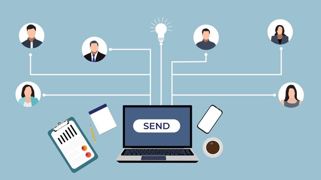 Concepto de comunicación empresarial con un vector de computadora portátil Ilustración de método de transferencia de información empresarial y de oficina Conexión de redes sociales en computadora Vector de sistema de comunicación de empleados de oficina