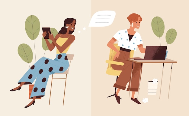 Concepto de comunicación empresarial virtual remota. Los trabajadores de oficina modernos se comunican, discuten proyectos y trabajan en línea a través de Internet. Mujer colega enviando mensaje de voz. Ilustración de vector plano.