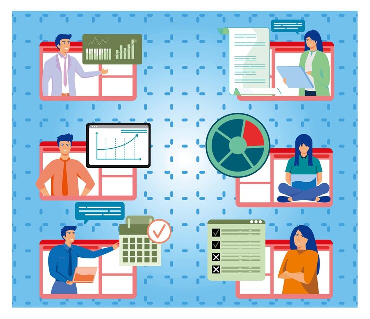 Vector concepto de comunicación en equipo y gestión de proyectos a través de vibrant graphic design elements