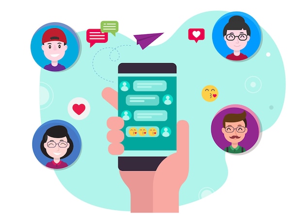 Concepto de comunicación con familiares y amigos con personajes de dibujos animados que sostienen teléfonos con imagen