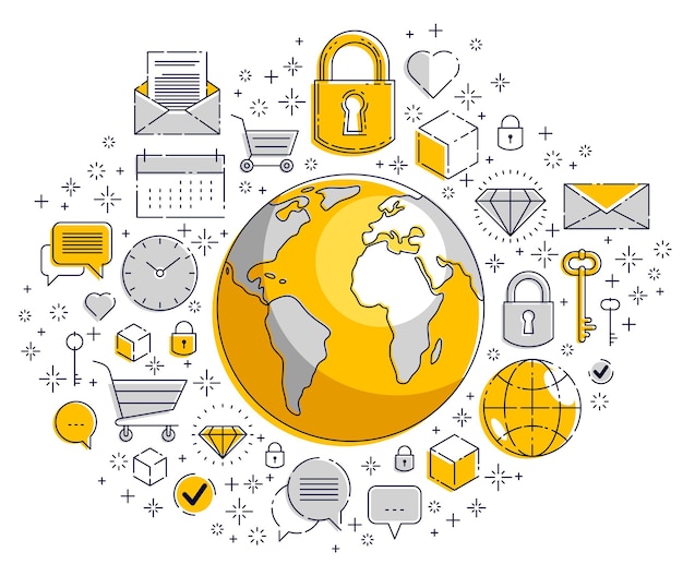 El concepto de comunicación global, el planeta tierra con diferentes íconos establecidos, big data, actividad de Internet, conexión de red global, vector, elementos pueden usarse por separado.