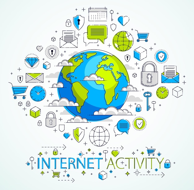 El concepto de comunicación global, el planeta tierra con diferentes íconos establecidos, big data, actividad de internet, conexión de red global, vector, elementos pueden usarse por separado.