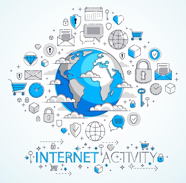 El concepto de comunicación global, el planeta tierra con diferentes íconos establecidos, big data, actividad de Internet, conexión de red global, vector, elementos pueden usarse por separado.