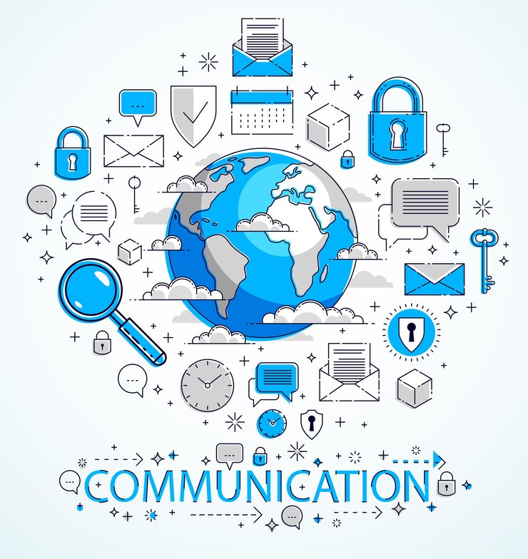 Vector el concepto de comunicación global, el planeta tierra con diferentes íconos establecidos, big data, actividad de internet, conexión de red global, vector, elementos pueden usarse por separado.