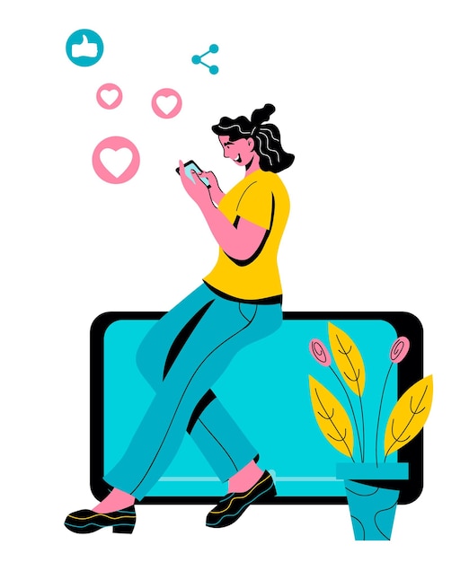 Concepto de comunicación juvenil virtual con una mujer joven que usa un teléfono móvil para conectarse con amigos