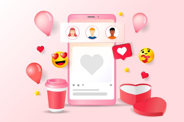 Concepto de comunicación en línea de la plataforma de medios sociales del día de San Valentín. Saludos feliz dia de los enamorados