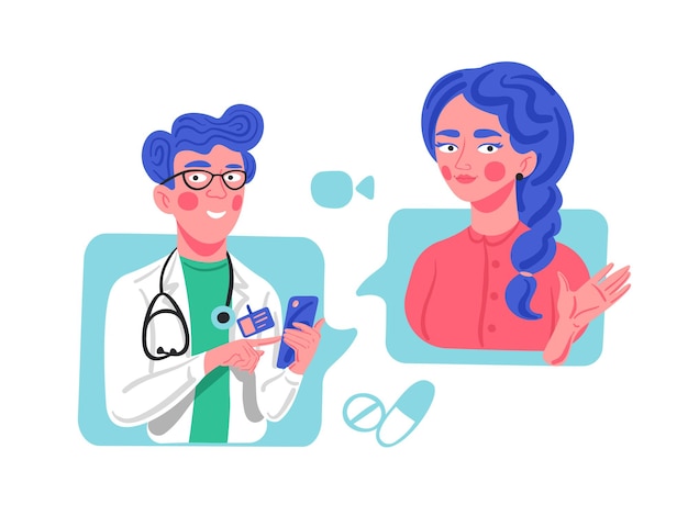 Concepto de comunicación entre médico y paciente Paciente y médico que tienen una videollamada con teléfono móvil
