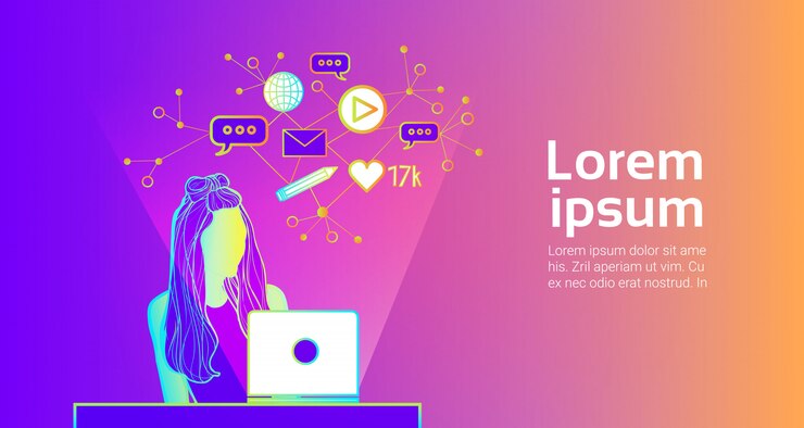Vector concepto de comunicación de los medios sociales chica silueta usando una computadora portátil navegando en internet