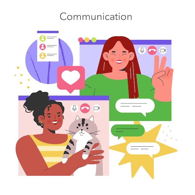 Concepto de comunicación personas diversas que participan en la interacción digital moderna con chat de texto y video