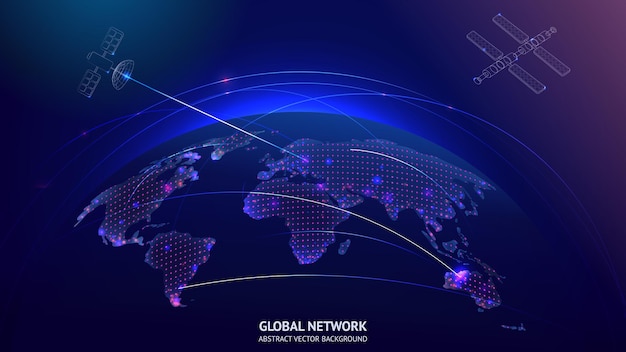 Concepto de comunicación de red global con satélites en el espacio sobre el planeta tierra con mapa y conexiones de red que transmiten datos en tonos de azul, ilustración vectorial