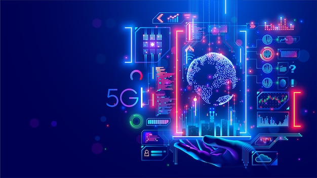 El concepto de comunicaciones de Internet 5G Tecnología IOT en la ciudad inteligente del futuro Conexión de red inalámbrica global Sistema de telecomunicaciones en infraestructura urbana Wi-Fi de red mundial de alta velocidad