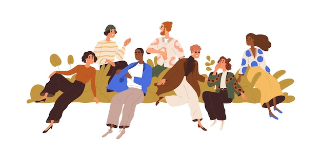 Concepto de comunidad diversa. Grupo, equipo de personas juntas en unidad social. Comunicación, interacción, convivencia en una sociedad sana. Ilustración de vector gráfico plano aislado sobre fondo blanco.