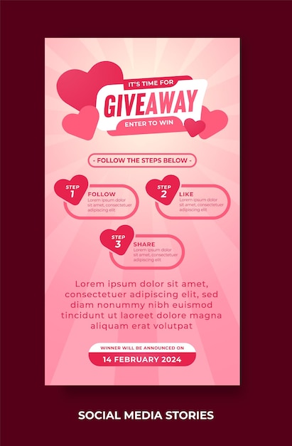 Vector concepto de concurso de obsequios para plantilla de diseño de historias de redes sociales con tema de san valentín