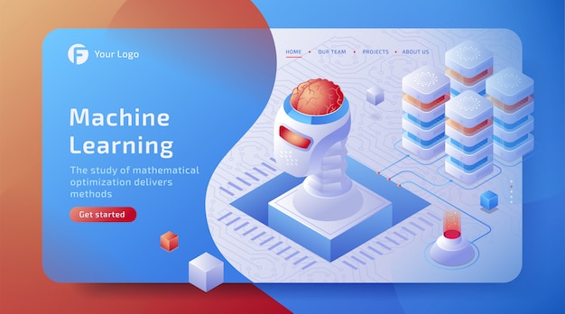 Concepto de conexión de datos de inteligencia artificial isométrica 3D (AI) con cerebro digital. Red de tecnología del futuro.