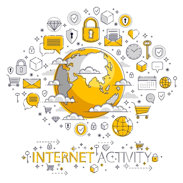 El concepto de conexión global a internet, el planeta tierra con diferentes íconos establecidos, la actividad de internet, los grandes datos, la comunicación global, el vector, los elementos se pueden usar por separado.