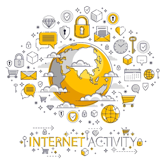 El concepto de conexión global a Internet, el planeta Tierra con diferentes íconos establecidos, la actividad de Internet, los grandes datos, la comunicación global, el vector, los elementos se pueden usar por separado.
