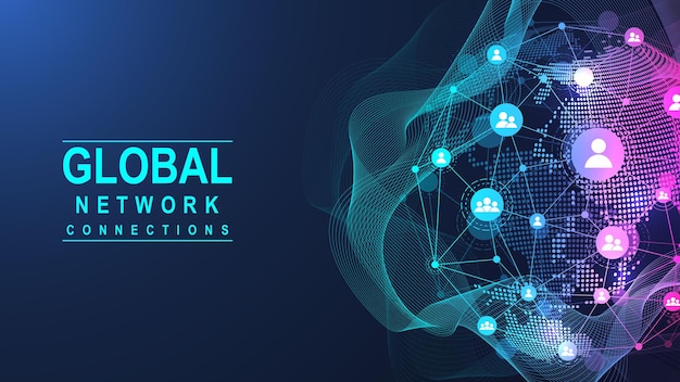 Concepto de conexión de red global Visualización de grandes datos Comunicación de redes sociales en las redes informáticas globales Tecnología de Internet Ciencia empresarial Ilustración vectorial