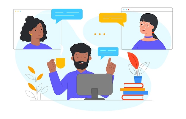 Vector concepto de conexión remota videoconferencia taller en línea comunicación por internet trabajo en equipo