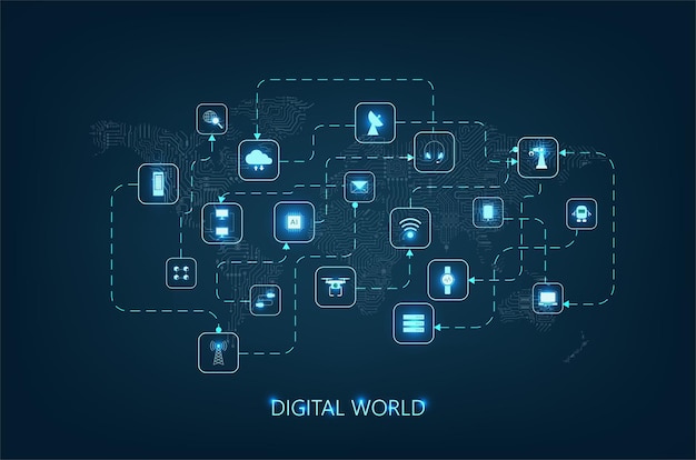 Concepto de conexión de tecnología digital con iconos en el mapa mundial con ilustración de vector de patrón de placa de circuito