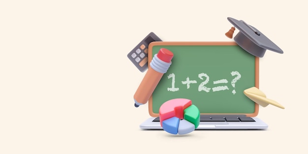 Concepto de conferencia en línea en estilo realista con calculadora portátil diagrama de pizarra lápiz ilustración vectorial
