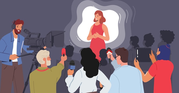 Vector concepto de conferencia de prensa mujer hablando con periodistas de la audiencia o trabajadores de los medios de prensa de pie con micrófonos