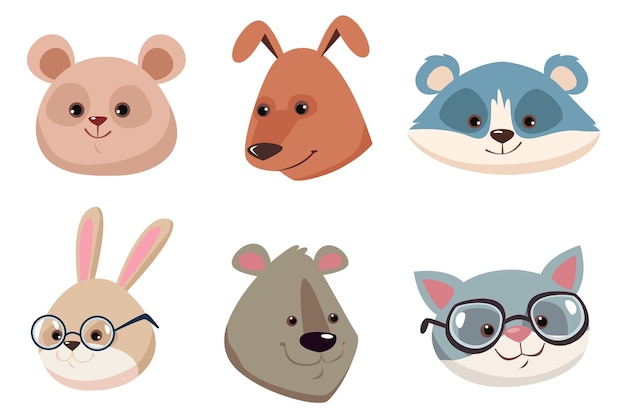 Concepto de conjunto aislado de cabeza de animal de dibujos animados Ilustración de diseño gráfico plano vectorial