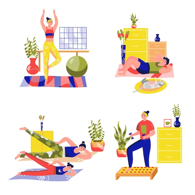 Concepto de conjunto deportivo con escena de personas en el estilo de dibujos animados planos Hombre y mujer hacen yoga diferente