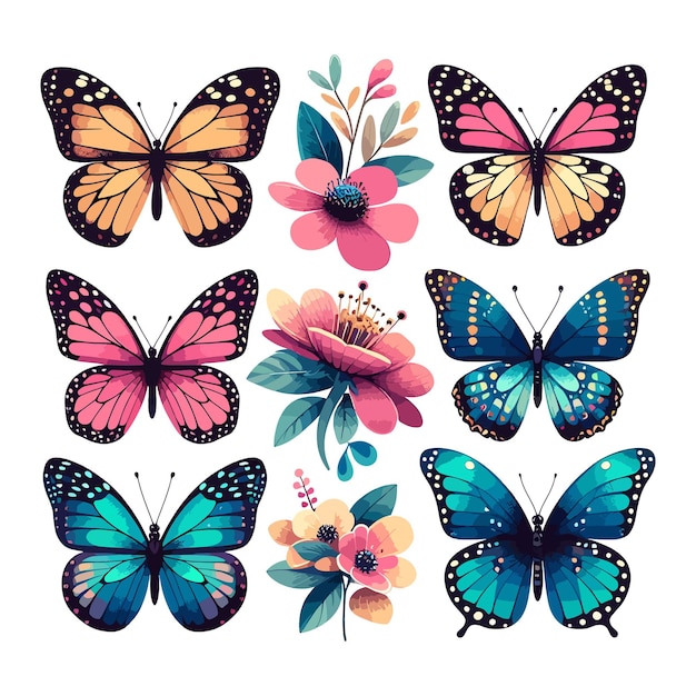 El concepto del conjunto de iconos de mariposa ilustración plana de iconos vectoriales de mariposa sobre un fondo blanco