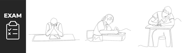 Concepto de conjunto de preparación de examen de dibujo de una sola línea Estrés de estudiante de niño para el examen y Los estudiantes estudian con libros y preparan una computadora portátil para el examen Ilustración de vector gráfico de diseño de dibujo de línea continua