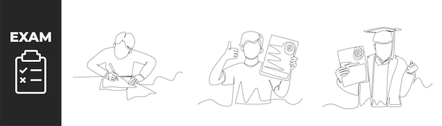 Concepto de conjunto de preparación de examen de dibujo de una sola línea El estudiante de niño hace la preparación del examen y el niño feliz obtiene una puntuación A para su examen Ilustración de vector gráfico de diseño de dibujo de línea continua