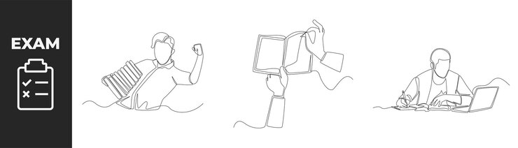 Vector concepto de conjunto de preparación de examen de dibujo de una sola línea estudiantes jóvenes emocionados por los exámenes y estudiar con libros y computadora portátil prepararse para el examen ilustración de vector gráfico de diseño de dibujo de línea continua