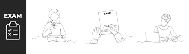 Concepto de conjunto de preparación de examen de dibujo de una sola línea Los estudiantes jóvenes estudian con libros y una computadora portátil se preparan para el examen Ilustración de vector gráfico de diseño de dibujo de línea continua