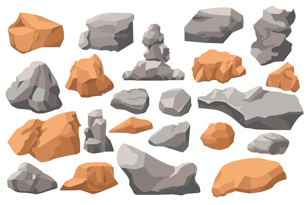 Vector concepto de conjunto rocas y piedras sin escena de personas en el diseño de dibujos animados planos imagen de rocas