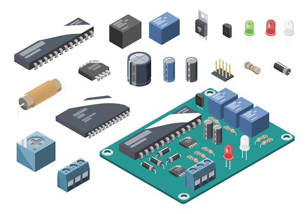 Vector concepto de conjunto de símbolos isométricos de diseño de circuitos de componentes electrónicos y semiconductores básicos