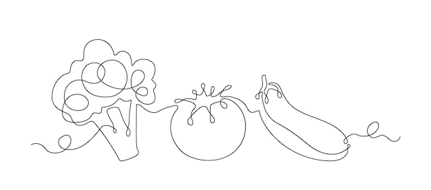 Concepto de conjunto de verduras de línea continua Brócoli berenjena y tomate Productos naturales y orgánicos Dieta y nutrición vegetariana Bosquejo y arte minimalista Ilustración vectorial plana lineal