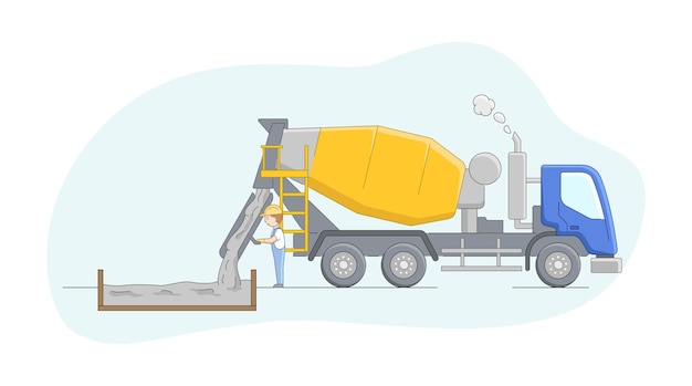 Concepto de construcción. Conductor mezclador concreto en el trabajo. Trabajador controla el proceso de hormigonado. Trabajos de operador de maquinaria de construcción. Personaje masculino en el trabajo.