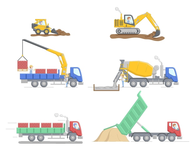 Concepto de construcción. Conjunto de diferentes camiones de construcción y equipos para trabajos diferentes. Trabajos de operador de maquinaria de construcción. Personajes en el trabajo. Ilustración de Vector plano de contorno lineal de dibujos animados.