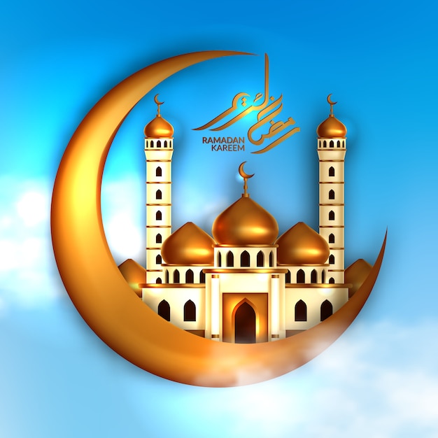 Vector concepto de construcción de la mezquita de cúpula dorada con luna dorada y caligrafía ramadan kareem