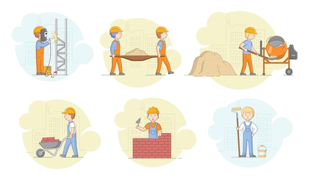 Concepto de construcción. Trabajadores que trabajan con uniformes de protección y cascos Hombres soldando trabajos en metal, preparan concreto, edificio de distrito residencial. Estilo plano de contorno lineal de dibujos animados. Ilustración de vector.