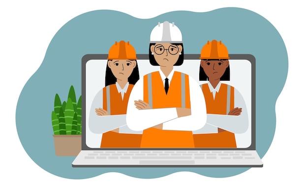 El concepto de consulta en línea en construcción Laptop con una imagen de un equipo de ingenieros civiles
