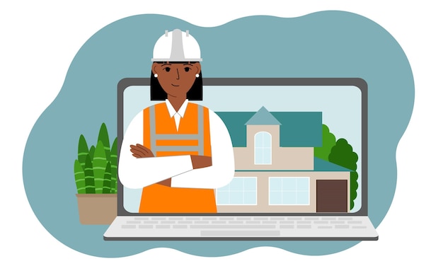 El concepto de consulta en línea en construcción Laptop con una imagen de un ingeniero constructor y una casa