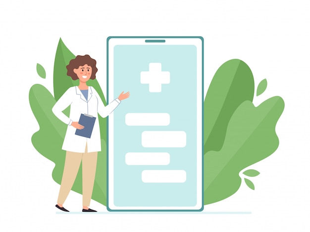 Concepto de consulta médica en línea con doctora y teléfono inteligente. servicio móvil y personas pequeñas con elementos vegetales.